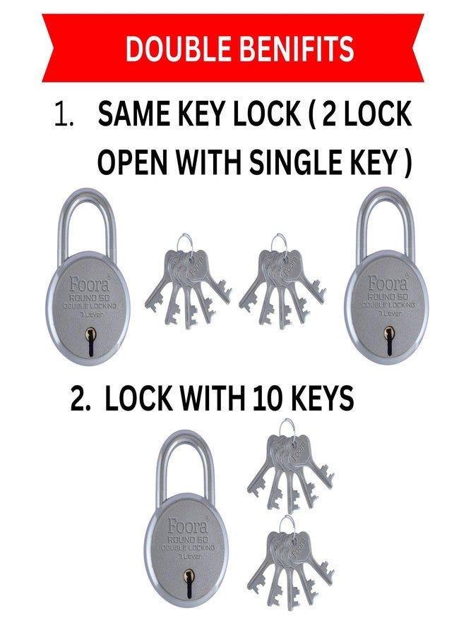 Foora Small Same Key Lock Set | 2 Heavy Duty Padlocks with 10 Keys | Double Locking 8 Lever Mechanism | Strong Metal Body | Multiple Lock and Key for Home, Door Lock, Gate Lock, and Shutter - Image 2